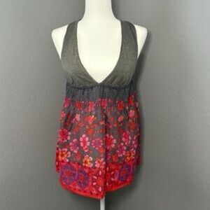 Y2K Free People Gray and Red Floral Tank Top